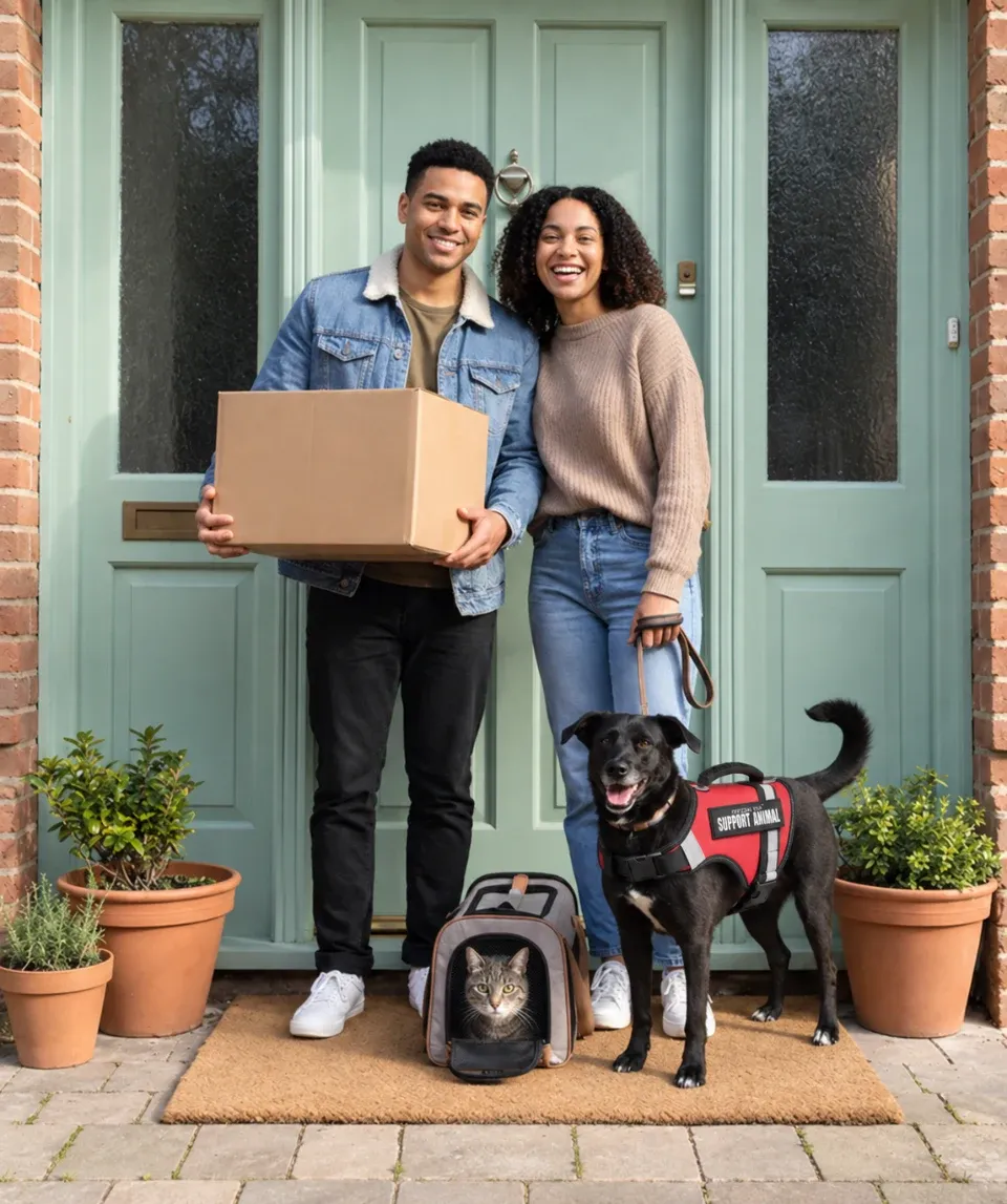 Couple holding a moving box at their front door with their dog in a support vest and a cat in a carrier